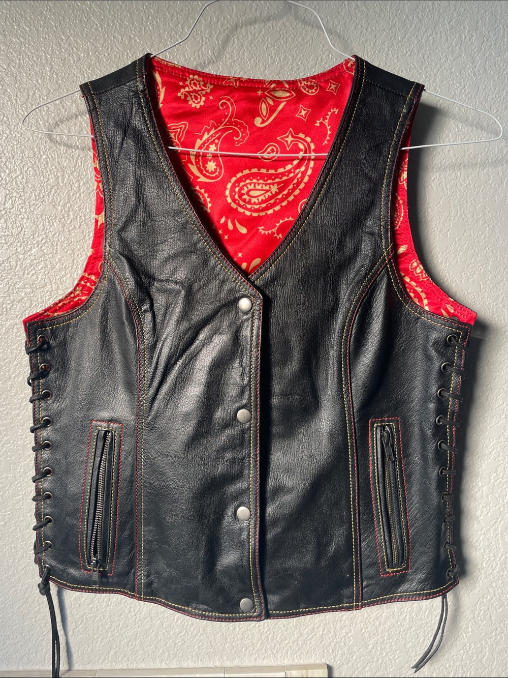 Unik Black Leather Vest with Red Paisley Lining